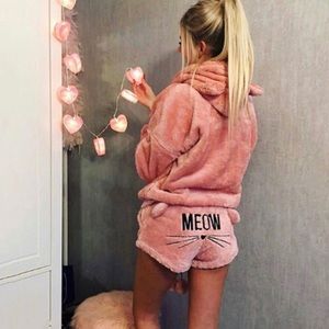 Meow Velour Hoodie and Short Set